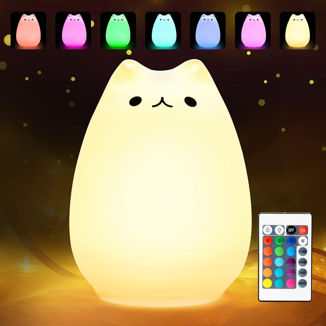 Cute Cat Night Light, Squishy 16 Colors Changing Cat Lamp with Remote, Kitty Cat Touch Light, Silicone Baby Nightlight for Kids, Christmas Gifts for Kids Girls Boys Teen Room Decor Multi-Mode