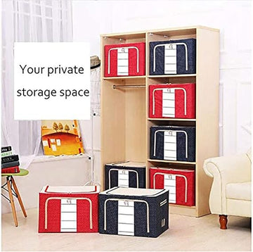 Double Zipper Folding Polka Dots Oxford Cloth Steel Frame Clothing Stackable Storage Box with See-through Window - Dark Blue (66L)