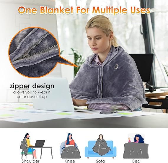Portable USB Heated Blanket Shawl, Wearable Soft Heated Shawl with Zipper, Fast Heating Blanket with 8 Heating Zones and 3 Heating Levels