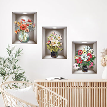 3D Flowers Vase Wall Sticker, Bright and Vibrant Bouquets Wall Art Wall Sticker, Self-Adhesive Flowers Home Wall Sticker for Living Room Bedroom Background Wall Decoration