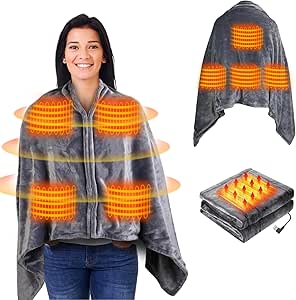 Portable USB Heated Blanket Shawl, Wearable Soft Heated Shawl with Zipper, Fast Heating Blanket with 8 Heating Zones and 3 Heating Levels
