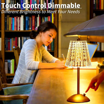 Crystal Table Lamp, Dimmable Cordless Touch Control Desk Lamp Rechargeable Small Nightstand LED Diamond Battery Operated Lamp for Bedroom, Living Room, Restaurant