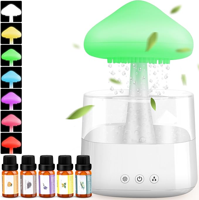 Rain Cloud Humidifier Water Drip, Mushroom Rain Cloud Diffuser with Essential Oils, Raining Cloud Night Light with Rain 7 Changing Colors, Desk Bedside Cloud Lights for Sleeping Relaxing Mood, White