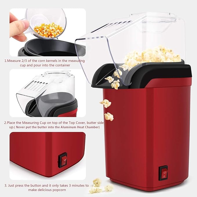 ECVV 1200W Electric Hot Air Popcorn Popper Maker for Home, No Oil Needed Healthy Snack for Kids Adults, Perfect for Party Birthday Gift