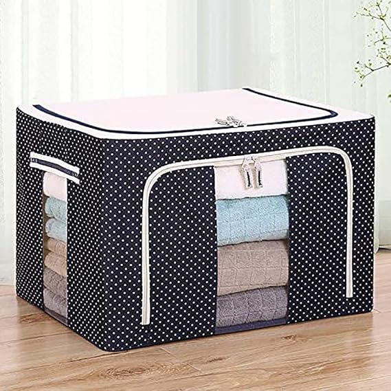 Double Zipper Folding Polka Dots Oxford Cloth Steel Frame Clothing Stackable Storage Box with See-through Window - Dark Blue (66L)
