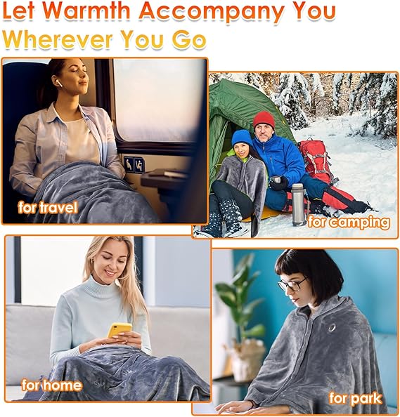 Portable USB Heated Blanket Shawl, Wearable Soft Heated Shawl with Zipper, Fast Heating Blanket with 8 Heating Zones and 3 Heating Levels