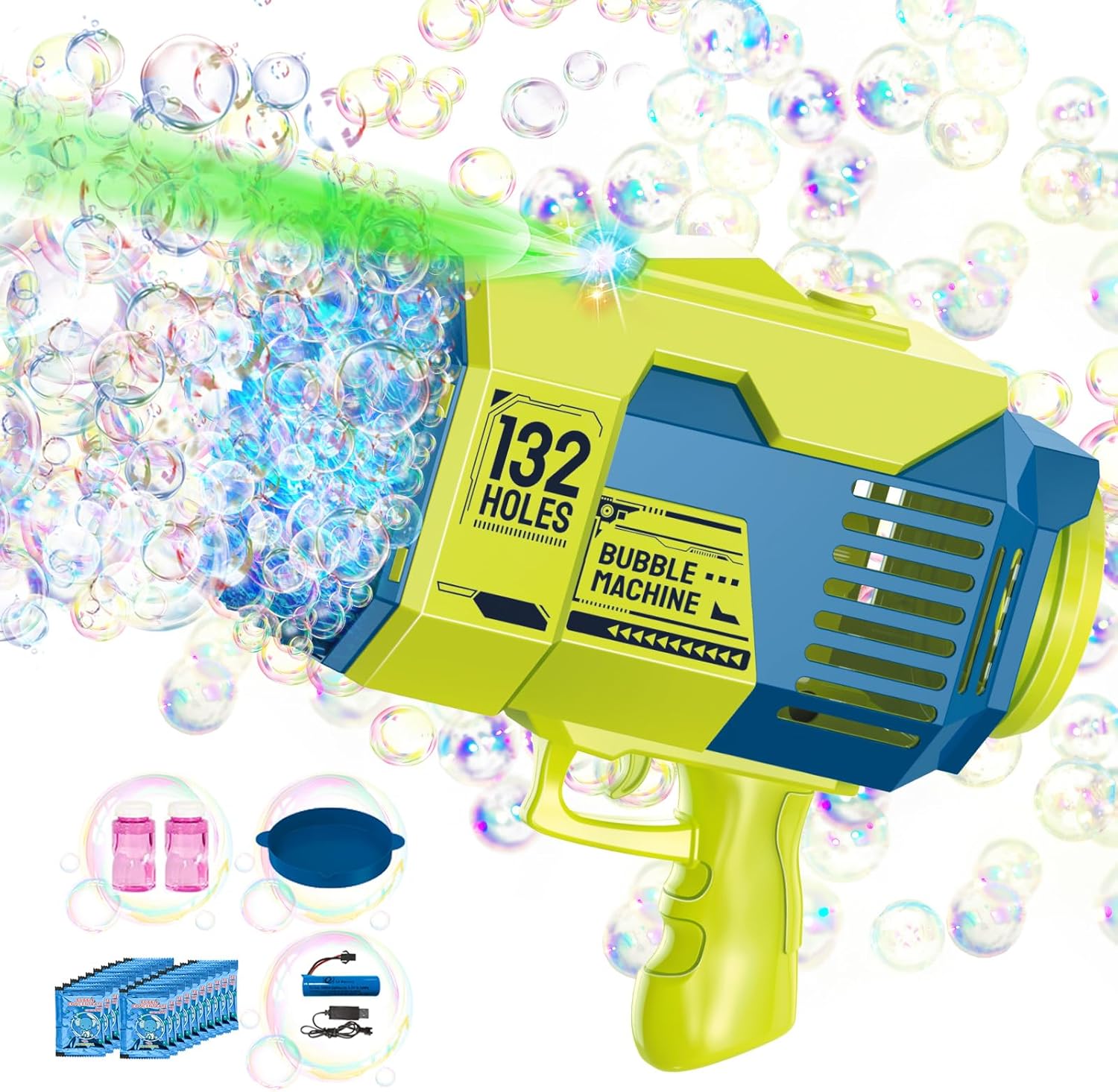 Bazooka Bubble Gun - Upgraded 132 Holes Bubble Machine Gun, Rocket Bubble Machine with Light & Bubble Solutions, Summer Toys Bubble Blaster Maker for Kids, Wedding, Birthday Gift, Party Favors - Green