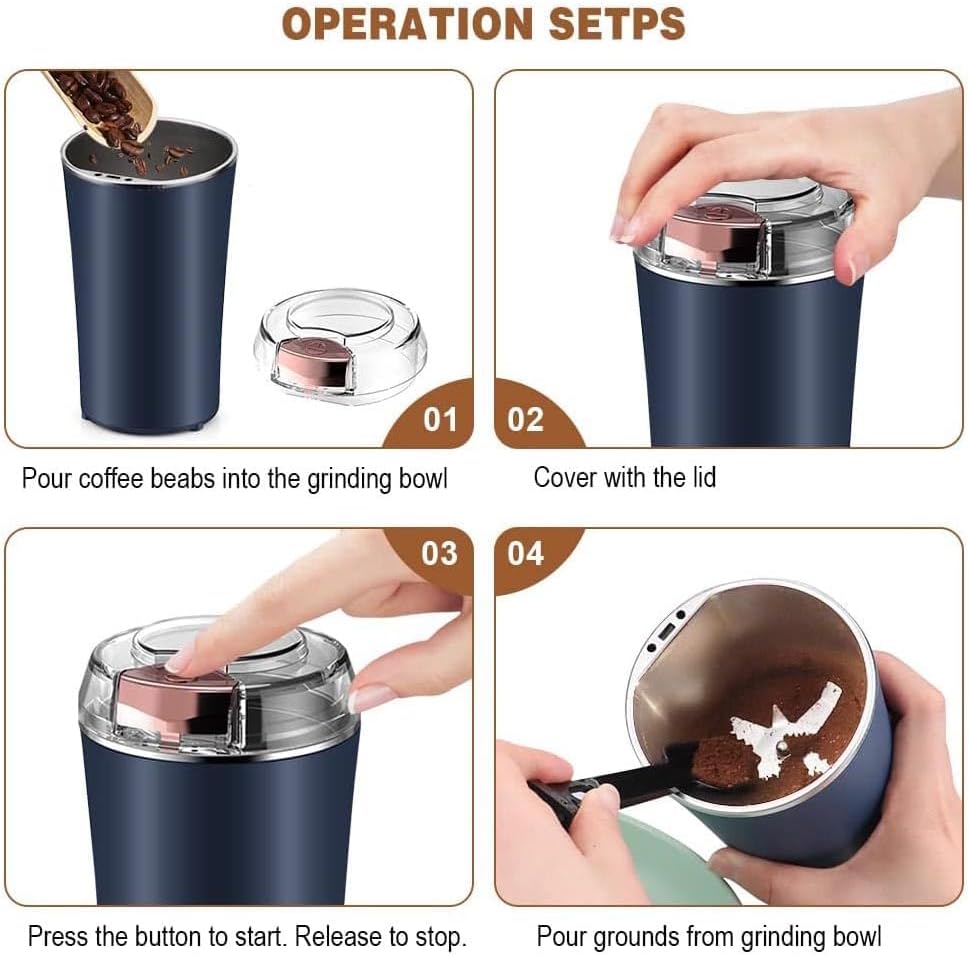 Electric Coffee Grinder - Portable One Button Spice Grinder, Food Grade 304 Stainless Steel for Coffee, Pepper, Salt, Herb Grinding