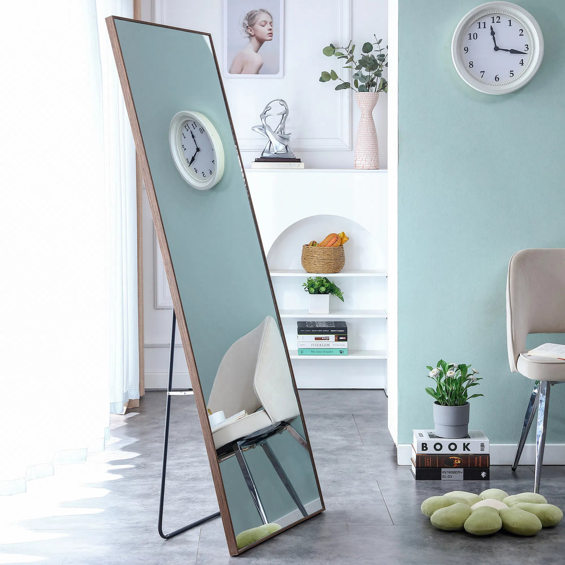 Brown Solid Wood Frame Full-length Mirror, Dressing Mirror, Bedroom Home Porch, Decorative Mirror, Clothing Store, Floor Mounted Large Mirror,