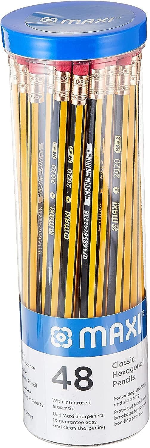 CLASSIC HEXAGONAL GRAPHITE PENCIL HB WITH ERASER TIP JAR OF 48PC, Black,