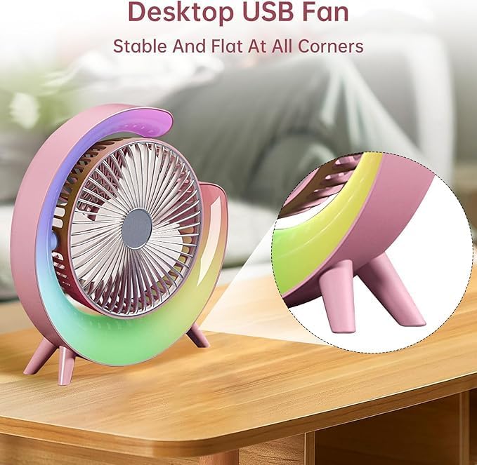 Desk Fan with LED Light – USB Rechargeable, 3 Speeds, 180° Rotation, 4000mAh Battery, Quiet Cooling, and Colorful Design for Bedroom, Home, and Office,