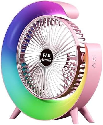 Desk Fan with LED Light – USB Rechargeable, 3 Speeds, 180° Rotation, 4000mAh Battery, Quiet Cooling, and Colorful Design for Bedroom, Home, and Office,
