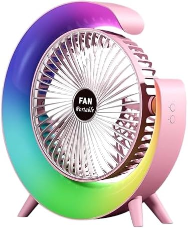 Desk Fan with LED Light – USB Rechargeable, 3 Speeds, 180° Rotation, 4000mAh Battery, Quiet Cooling, and Colorful Design for Bedroom, Home, and Office,