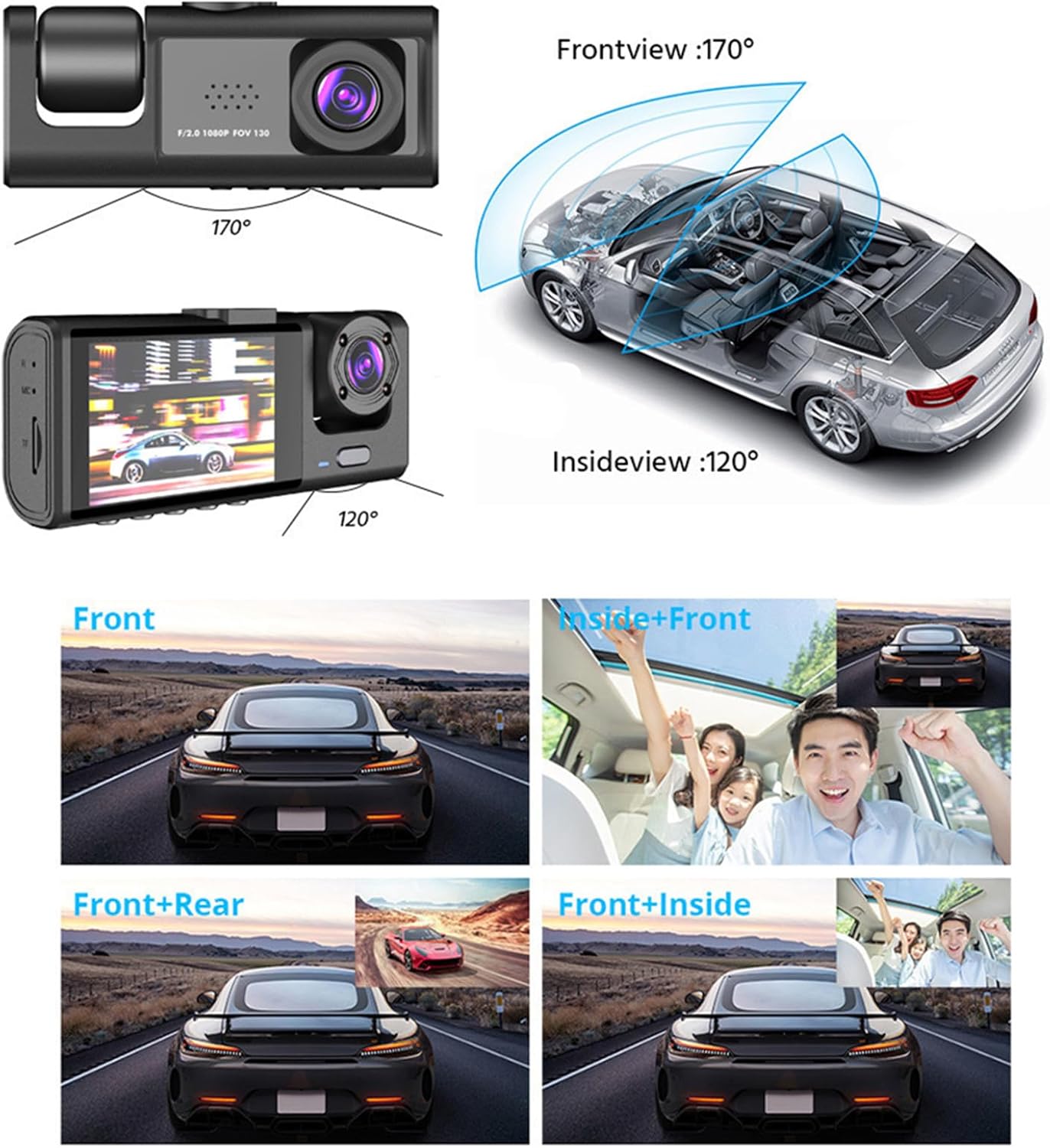 Dash Cam Car, HD 1080P Dash Cam Front Rear , Night Vision, 170° Wide Angle, G-Sensor, Motion Detection, Parking Monitoring, Car Safety Driving Recorder