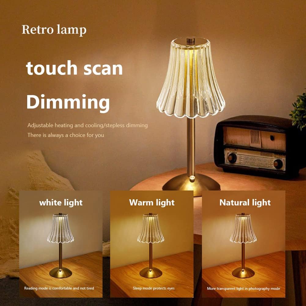 Crystal Table Lamp, Dimmable 3 Colors LED Romantic Diamond Crystal Lamp, Rechargeable Touch Lamp Small Lamp, Bedside Lamp for Bedroom Living Room Bar Restaurant Bedside Lamp