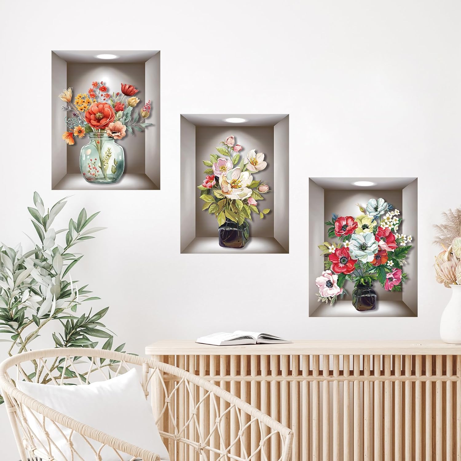 3D Flowers Vase Wall Sticker, Bright and Vibrant Bouquets Wall Art Wall Sticker, Self-Adhesive Flowers Home Wall Sticker for Living Room Bedroom Background Wall Decoration