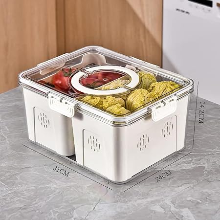 Refrigerator Organizer Box, Food Storage Container Fruit Storage Bin with 2 Drain Basket in One Container, Stackable Vegetable Strainer Box High-Capacity with Lid with Handle 1 Box/Set of White