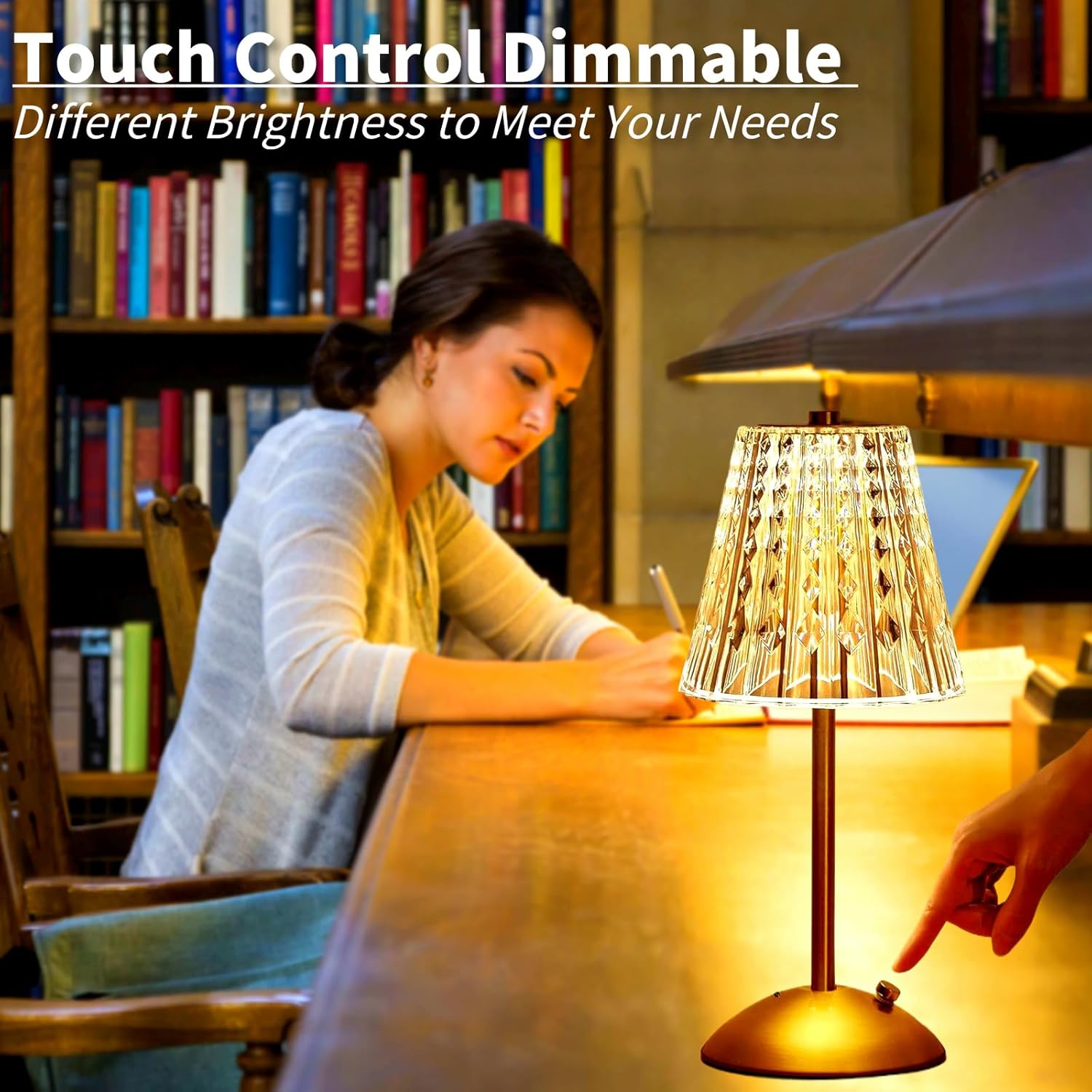 Crystal Table Lamp, Dimmable Cordless Touch Control Desk Lamp Rechargeable Small Nightstand LED Diamond Battery Operated Lamp for Bedroom, Living Room, Restaurant
