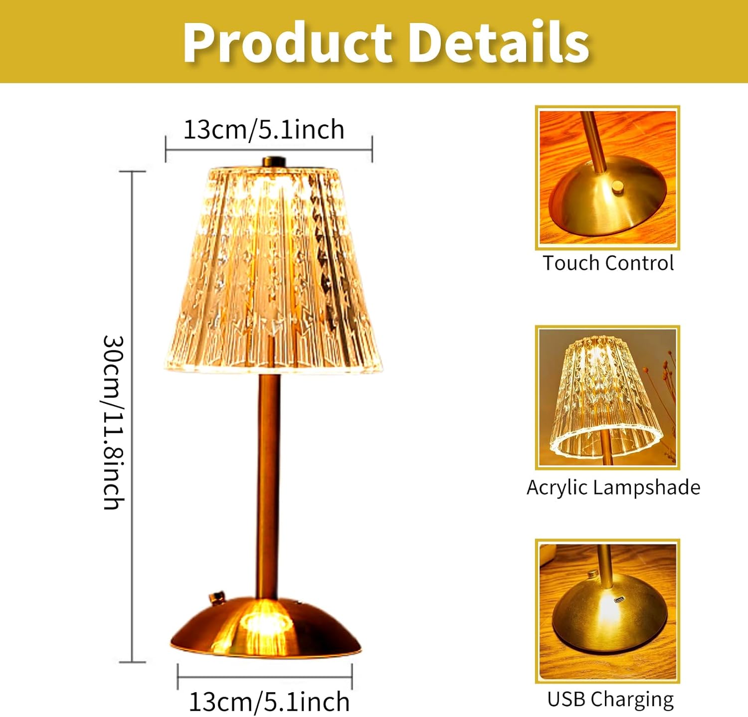 Crystal Table Lamp, Dimmable Cordless Touch Control Desk Lamp Rechargeable Small Nightstand LED Diamond Battery Operated Lamp for Bedroom, Living Room, Restaurant