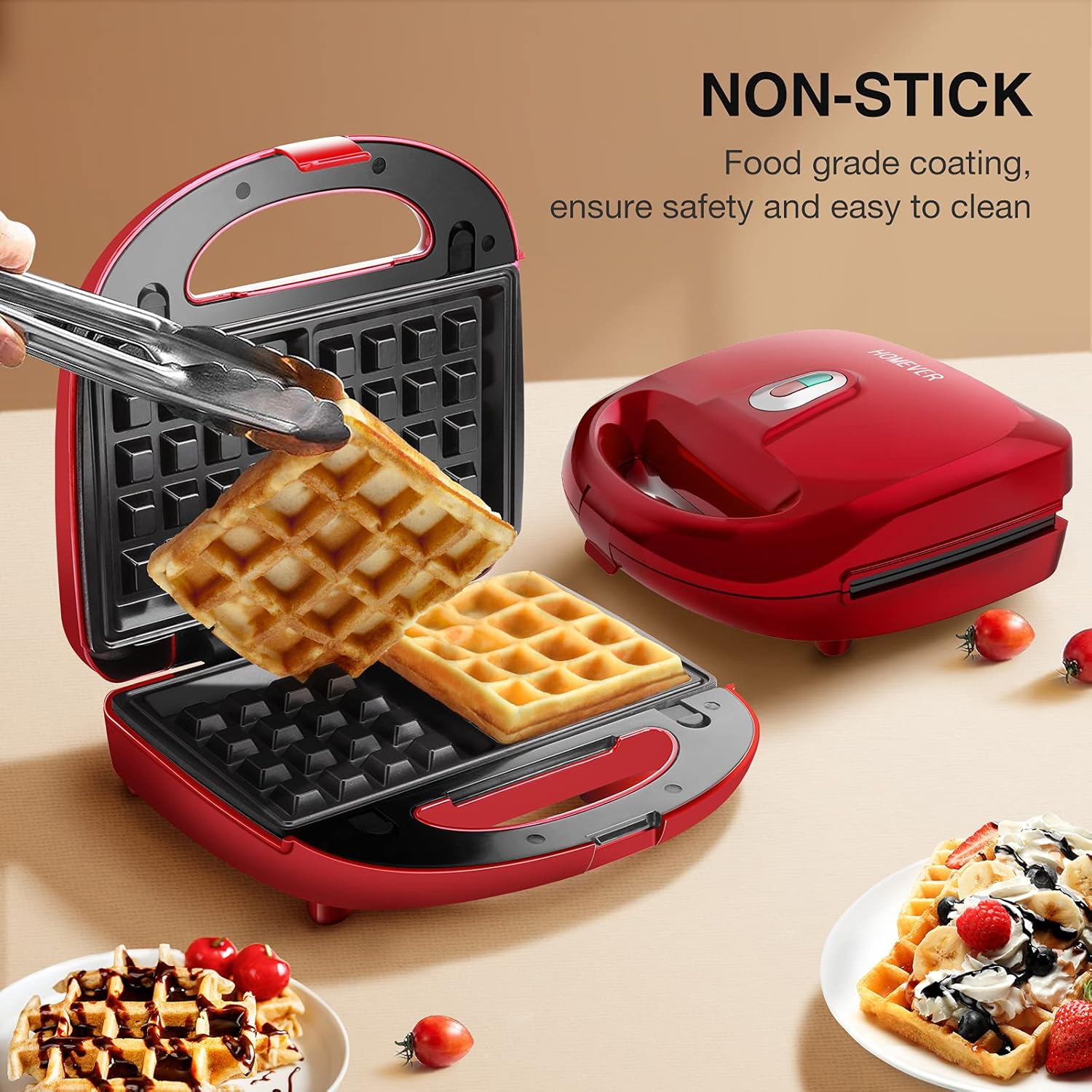 Sandwich Maker, HOMEVER 3-IN-1 Waffle Maker, Sandwich Press with 3 Sets of Detachable Non-Stick Plate and LED Indicator Lights,750W Rapid Heating in 2 Minutes-Red