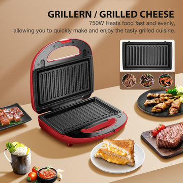 Sandwich Maker, HOMEVER 3-IN-1 Waffle Maker, Sandwich Press with 3 Sets of Detachable Non-Stick Plate and LED Indicator Lights,750W Rapid Heating in 2 Minutes-Red