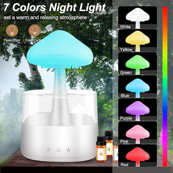 Rain Cloud Humidifier Water Drip, Mushroom Rain Cloud Diffuser with Essential Oils, Raining Cloud Night Light with Rain 7 Changing Colors, Desk Bedside Cloud Lights for Sleeping Relaxing Mood, White