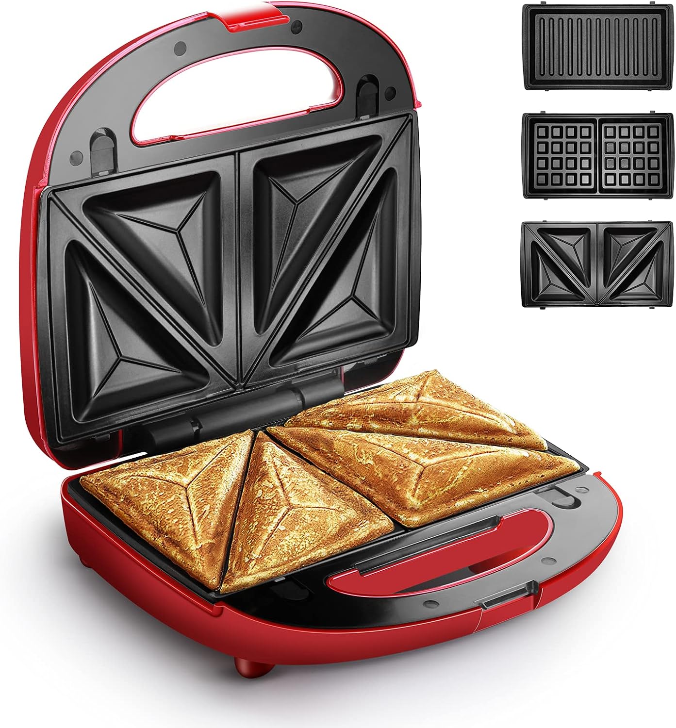 Sandwich Maker, HOMEVER 3-IN-1 Waffle Maker, Sandwich Press with 3 Sets of Detachable Non-Stick Plate and LED Indicator Lights,750W Rapid Heating in 2 Minutes-Red