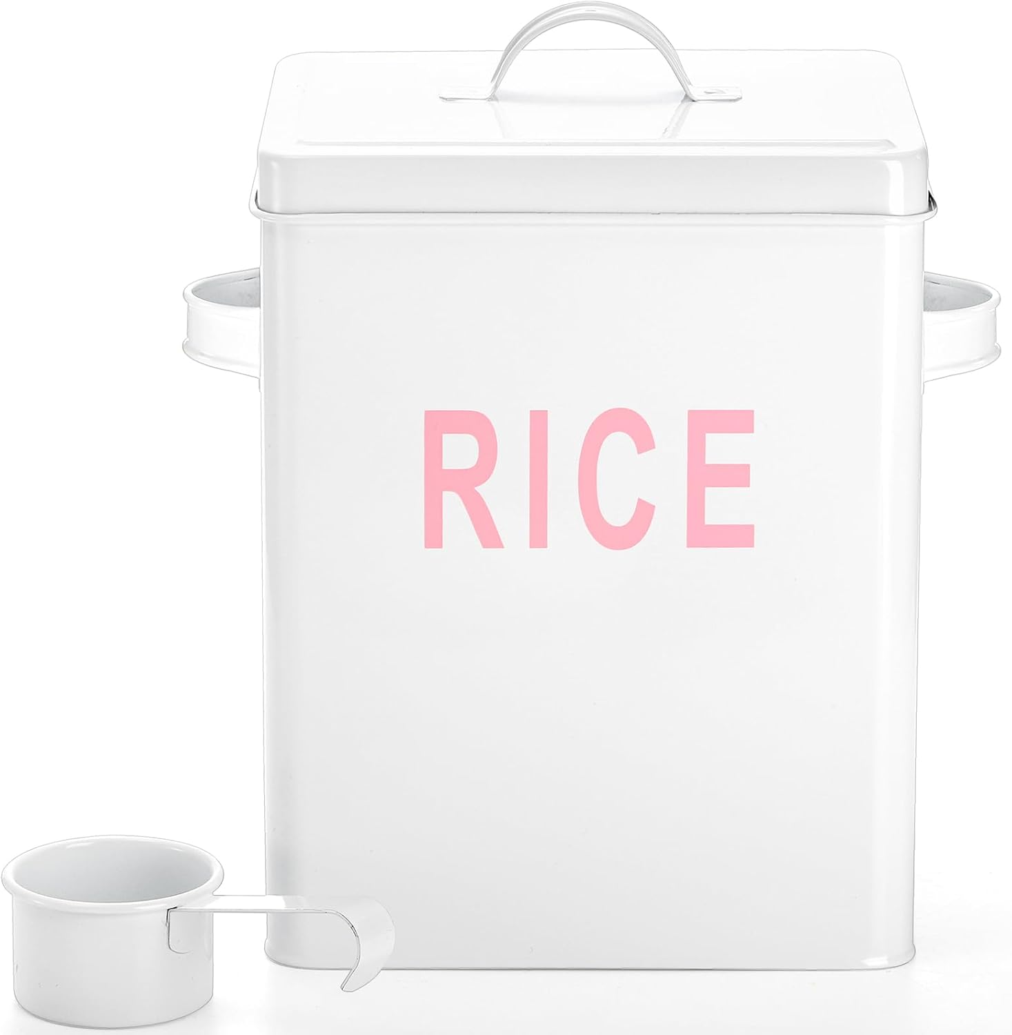 Rice Storage Container, Square Rice Canister with Lid and Measuring Scoop, Countertop Sealed Food Storage Container for Cereal, Beans, Pet Food, White
