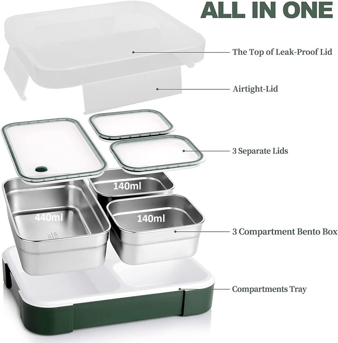 Stainless Steel Lunch Box for Kids School, 3 Compartment Divided Lunch Containers with Lids, Leakproof