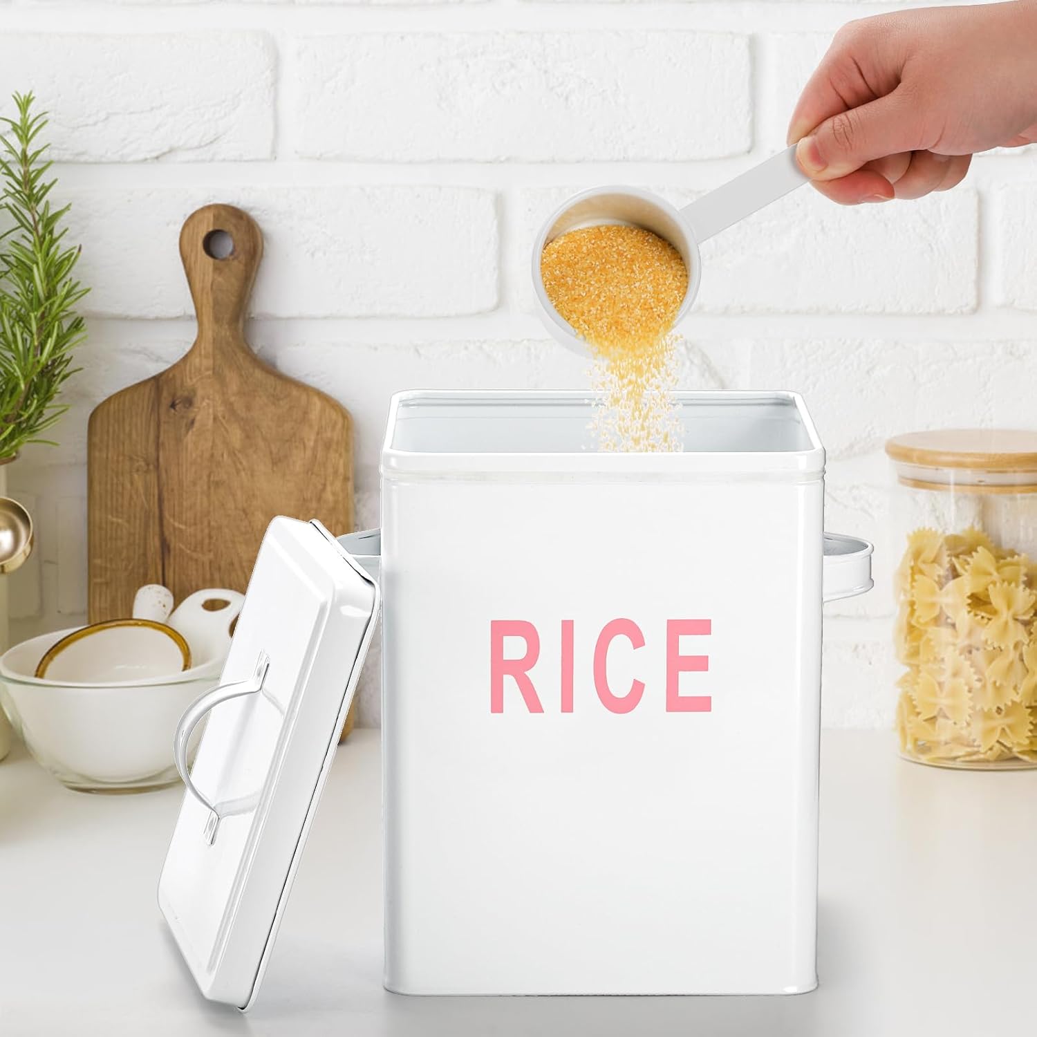 Rice Storage Container, Square Rice Canister with Lid and Measuring Scoop, Countertop Sealed Food Storage Container for Cereal, Beans, Pet Food, White