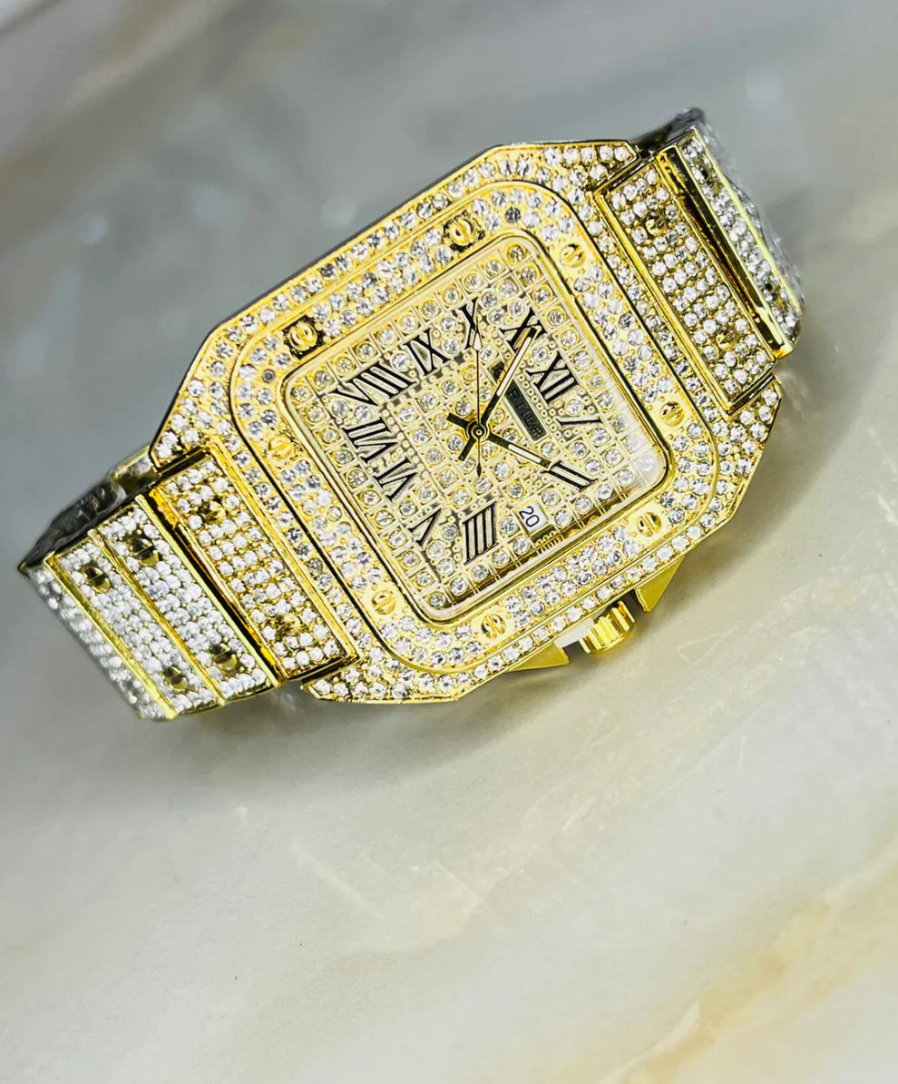 Luxury Gold Diamond Iced Out Watch – Roman Dial, UAE Exclusive