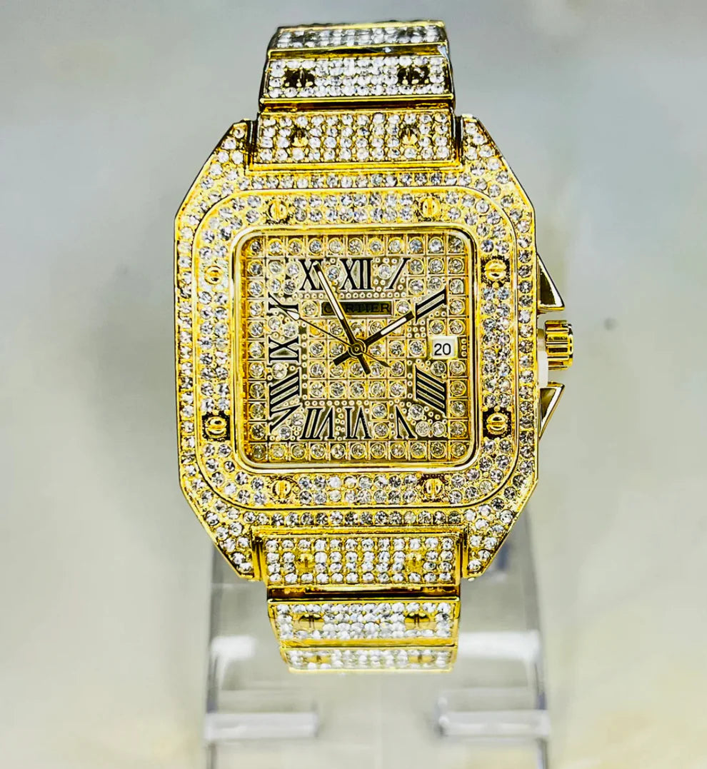 Luxury Gold Diamond Iced Out Watch – Roman Dial, UAE Exclusive