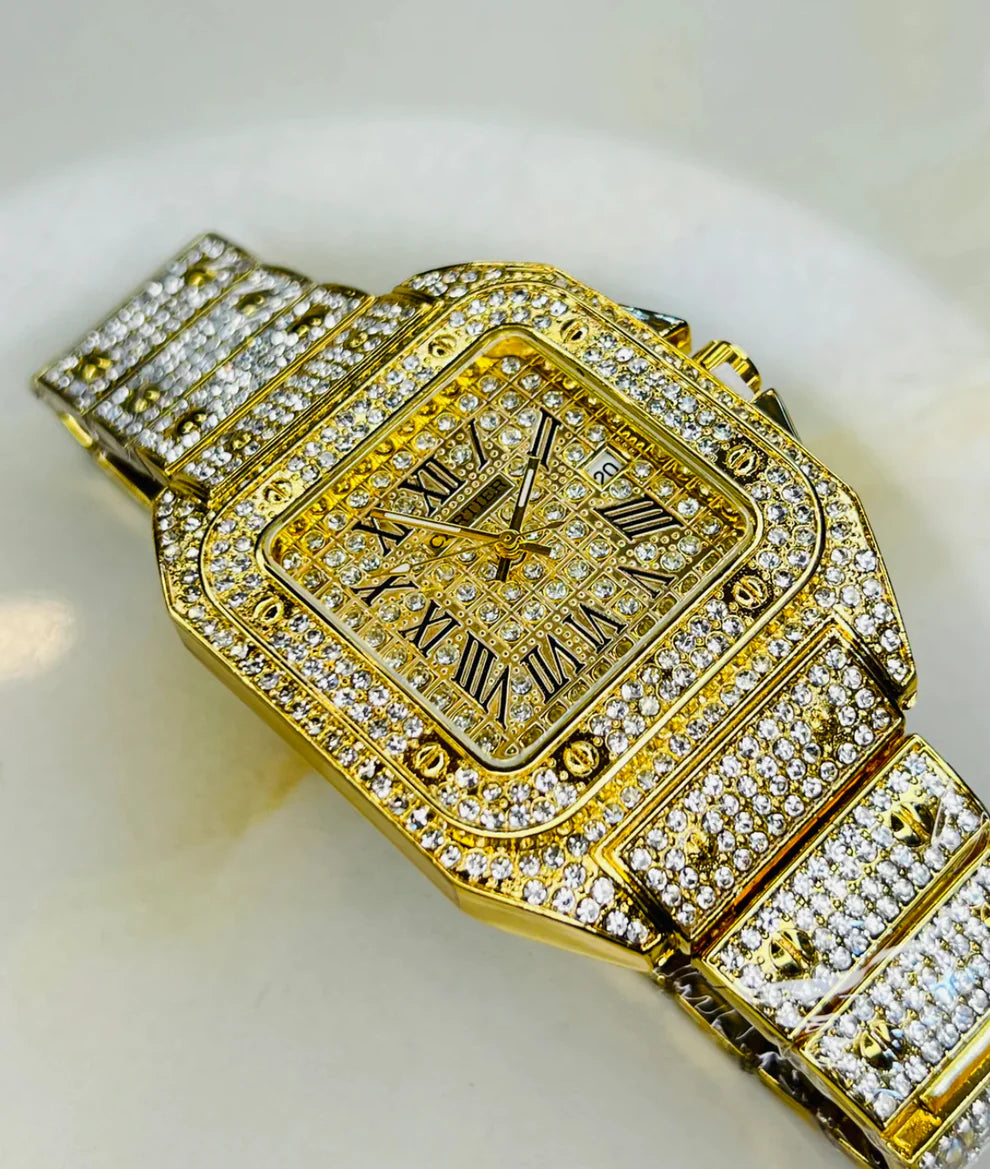 Luxury Gold Diamond Iced Out Watch – Roman Dial, UAE Exclusive